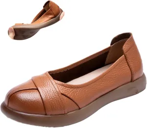 Women's Leather Slip-On Dress Flat Shoes,Comfort Closed Round Toe Non-Slip Soft Sole Oxford Casual Walking Pumps