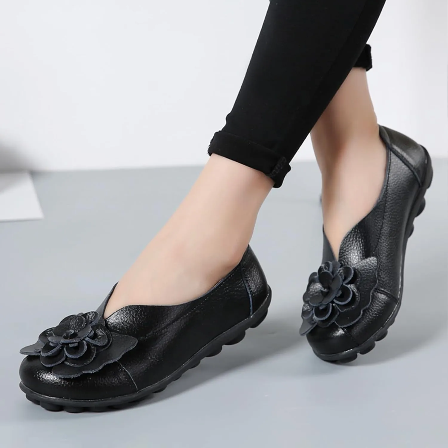 Women's Leather Slip On Loafers,Vintage Handmade Cute Bow Flower Comfy Non-Slip Softsole Walking Casual Dress Pumps