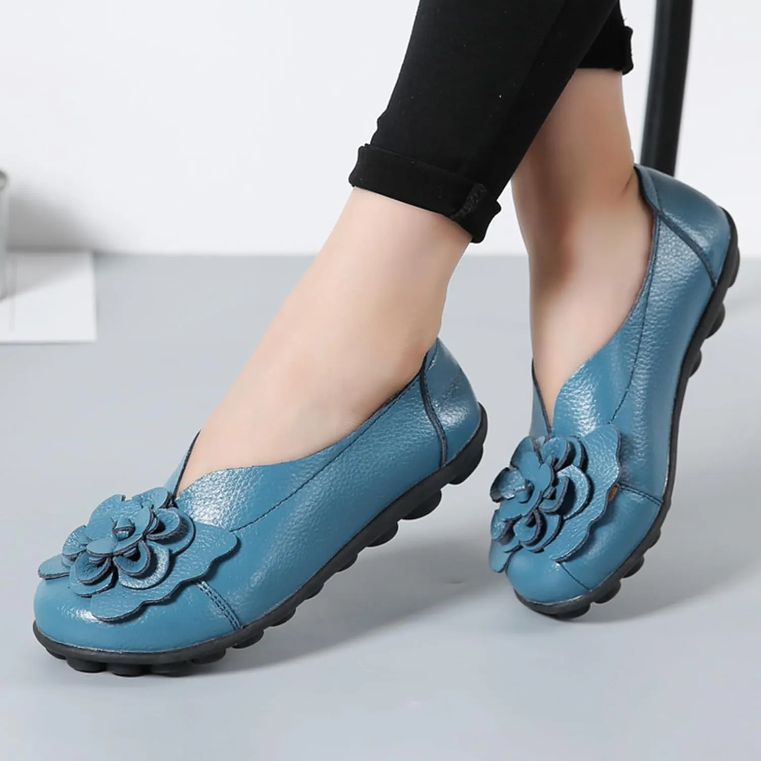 Women's Leather Slip On Loafers,Vintage Handmade Cute Bow Flower Comfy Non-Slip Softsole Walking Casual Dress Pumps