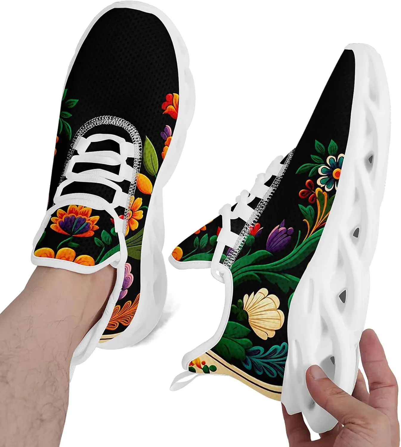 Women's Mexican Flower Running Shoes Vintage Floral Print Athletic Cushion Non Slip Sports Walking Sneaker Gym Tennis Shoes Mother's Gift