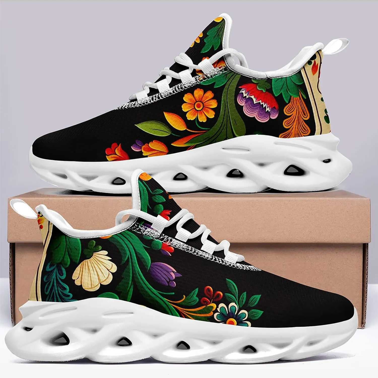 Women's Mexican Flower Running Shoes Vintage Floral Print Athletic Cushion Non Slip Sports Walking Sneaker Gym Tennis Shoes Mother's Gift
