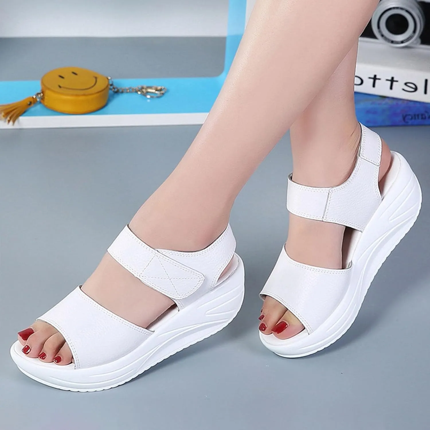 Women's Open Toe Platform Muffin Sandals,Causal Lightweight Comfy Adjustable Ankle Backstrap Orthotic Cushion Wedge Shoes