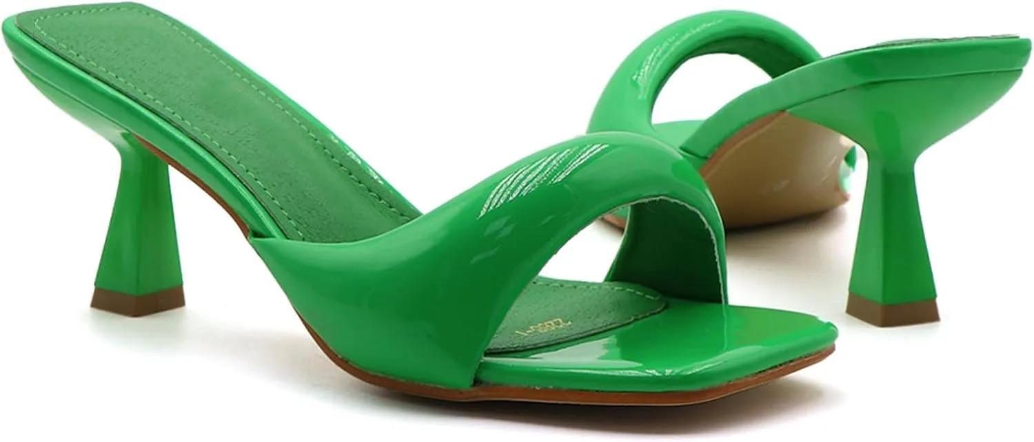 Women's Patent Leather One-Strap Low-Heeled Slip-On Fashion Sandals Sexy Square Open Toe Comfortable Mid-Heel Non-Slip Party Wedding Formal Mules