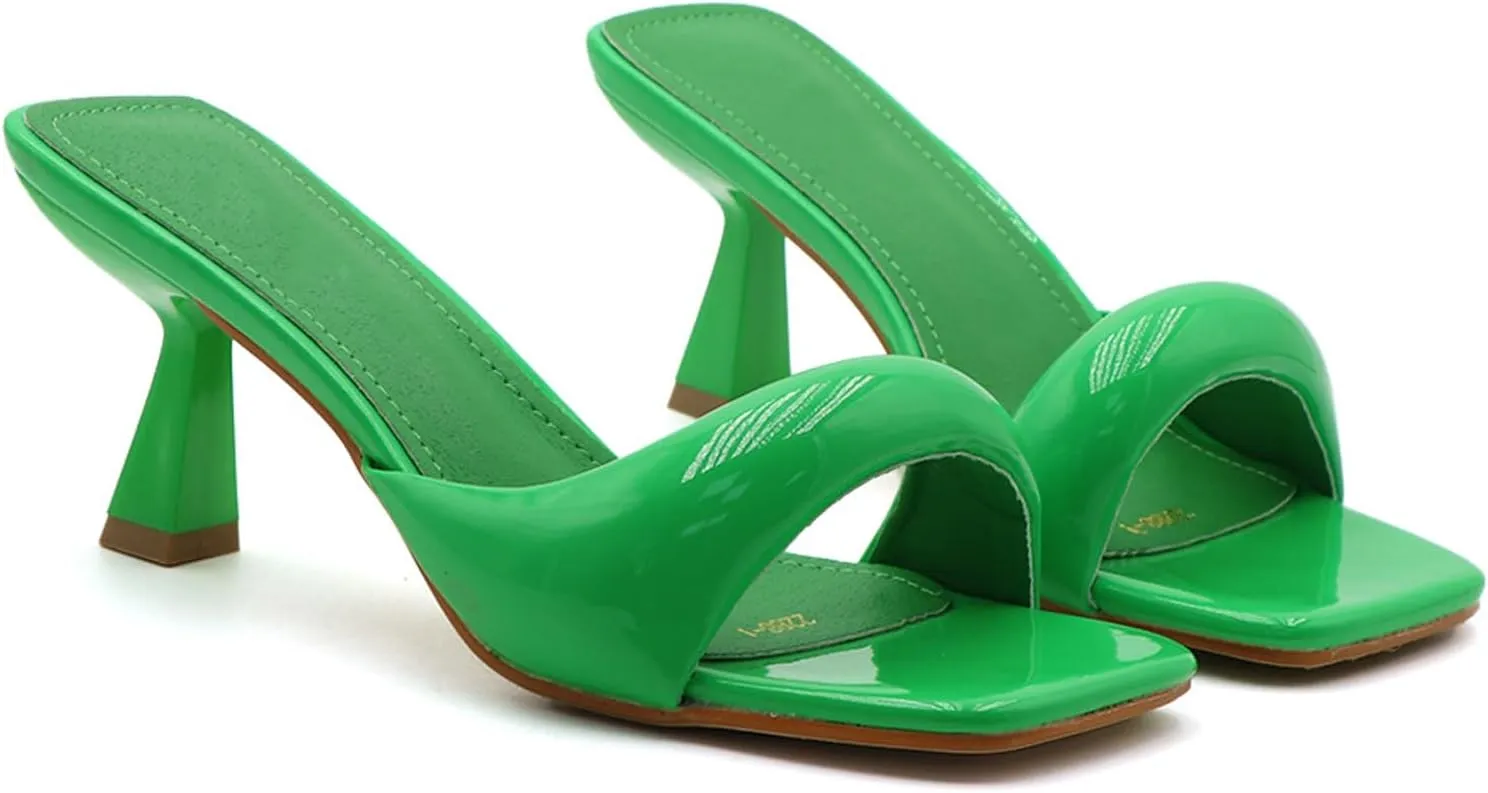 Women's Patent Leather One-Strap Low-Heeled Slip-On Fashion Sandals Sexy Square Open Toe Comfortable Mid-Heel Non-Slip Party Wedding Formal Mules