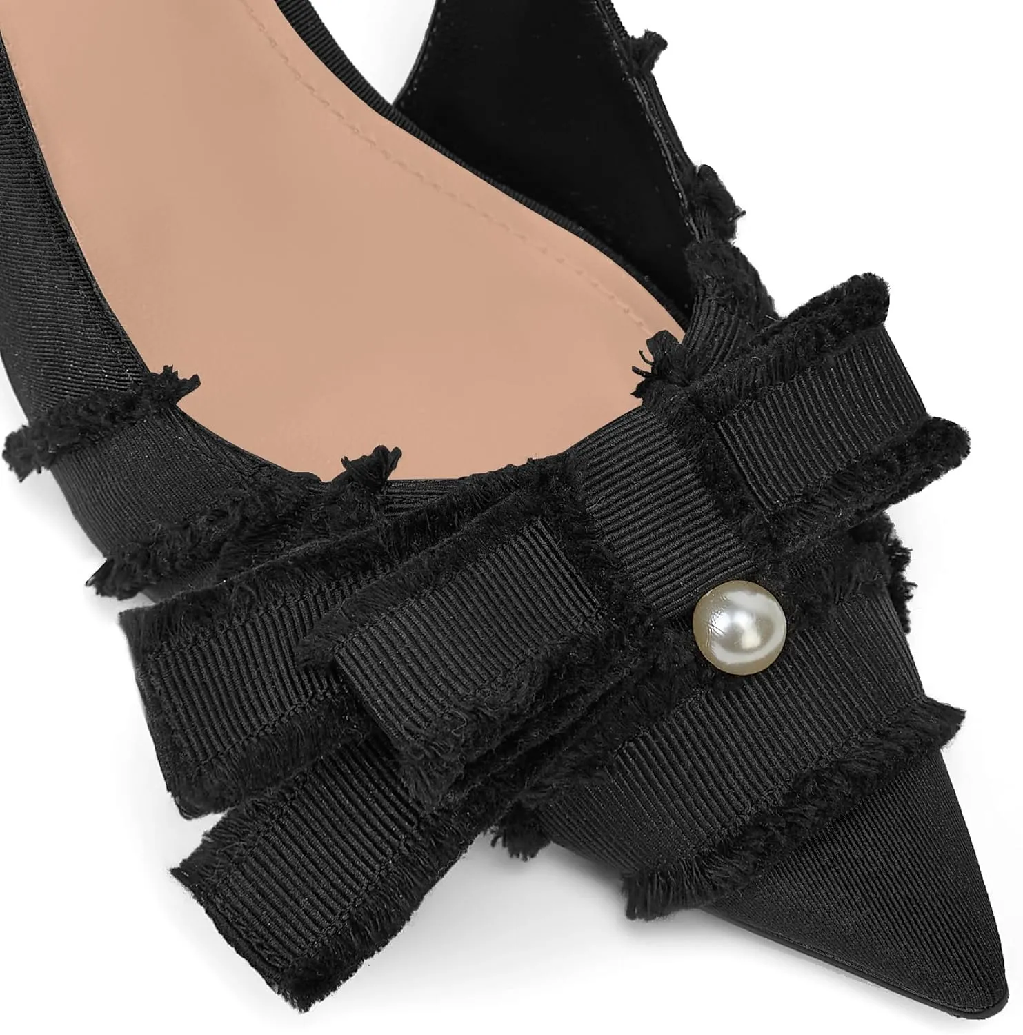 Women's Pointed Toe Slingback Heels with Bow Pearl, 3.15" Kitten Heels Slip on Stiletto Pumps with Buckled Straps for Designer Dress Shoes