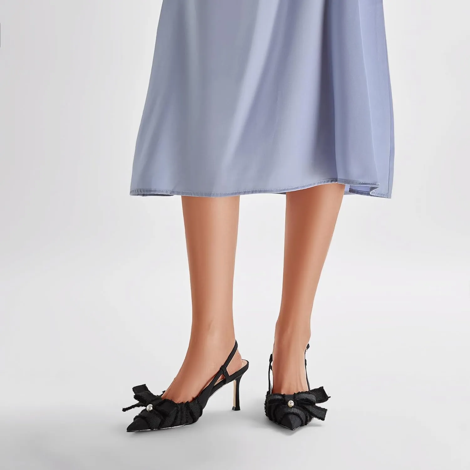 Women's Pointed Toe Slingback Heels with Bow Pearl, 3.15" Kitten Heels Slip on Stiletto Pumps with Buckled Straps for Designer Dress Shoes