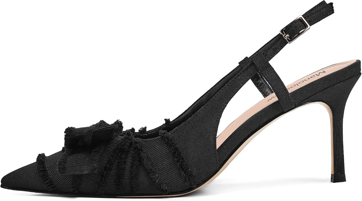 Women's Pointed Toe Slingback Heels with Bow Pearl, 3.15" Kitten Heels Slip on Stiletto Pumps with Buckled Straps for Designer Dress Shoes