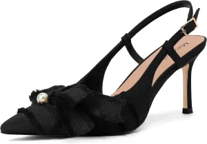 Women's Pointed Toe Slingback Heels with Bow Pearl, 3.15" Kitten Heels Slip on Stiletto Pumps with Buckled Straps for Designer Dress Shoes