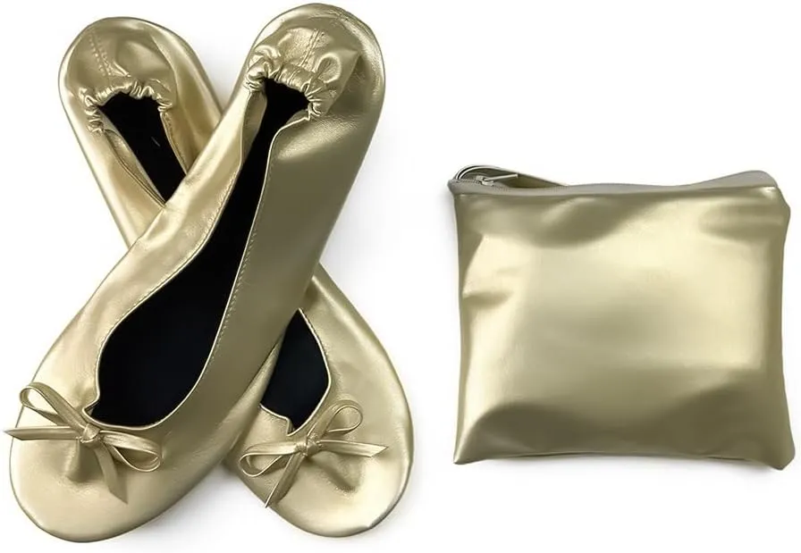 Women's Portable Ballet Flats, Bowknot Rollable Soft Sole Wedding Flat Shoes, Comfy Dancing Flat Shoes with Purse Bag