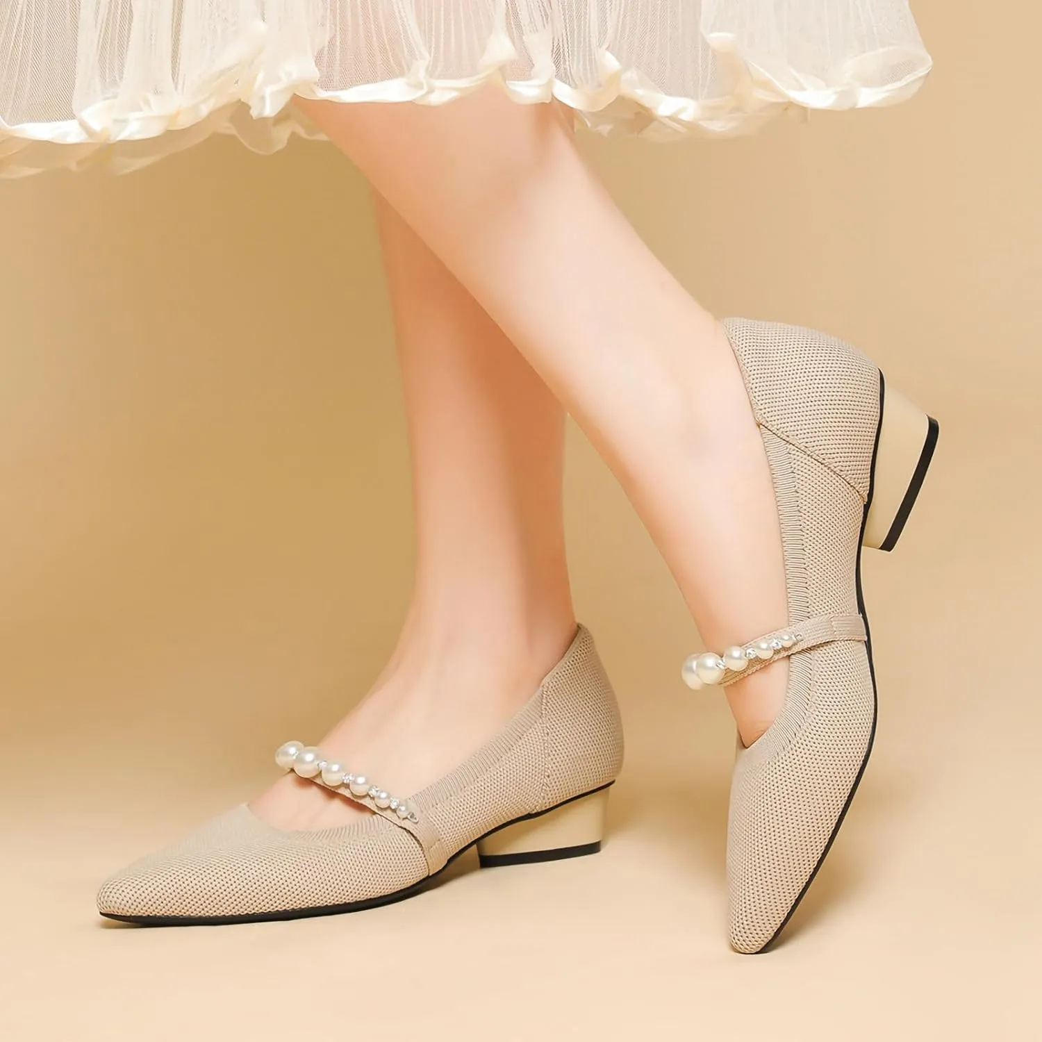 Women's Pumps Chunky Heels Pointed Toe Knit Comfortable Casual Work Office Dress Shoes