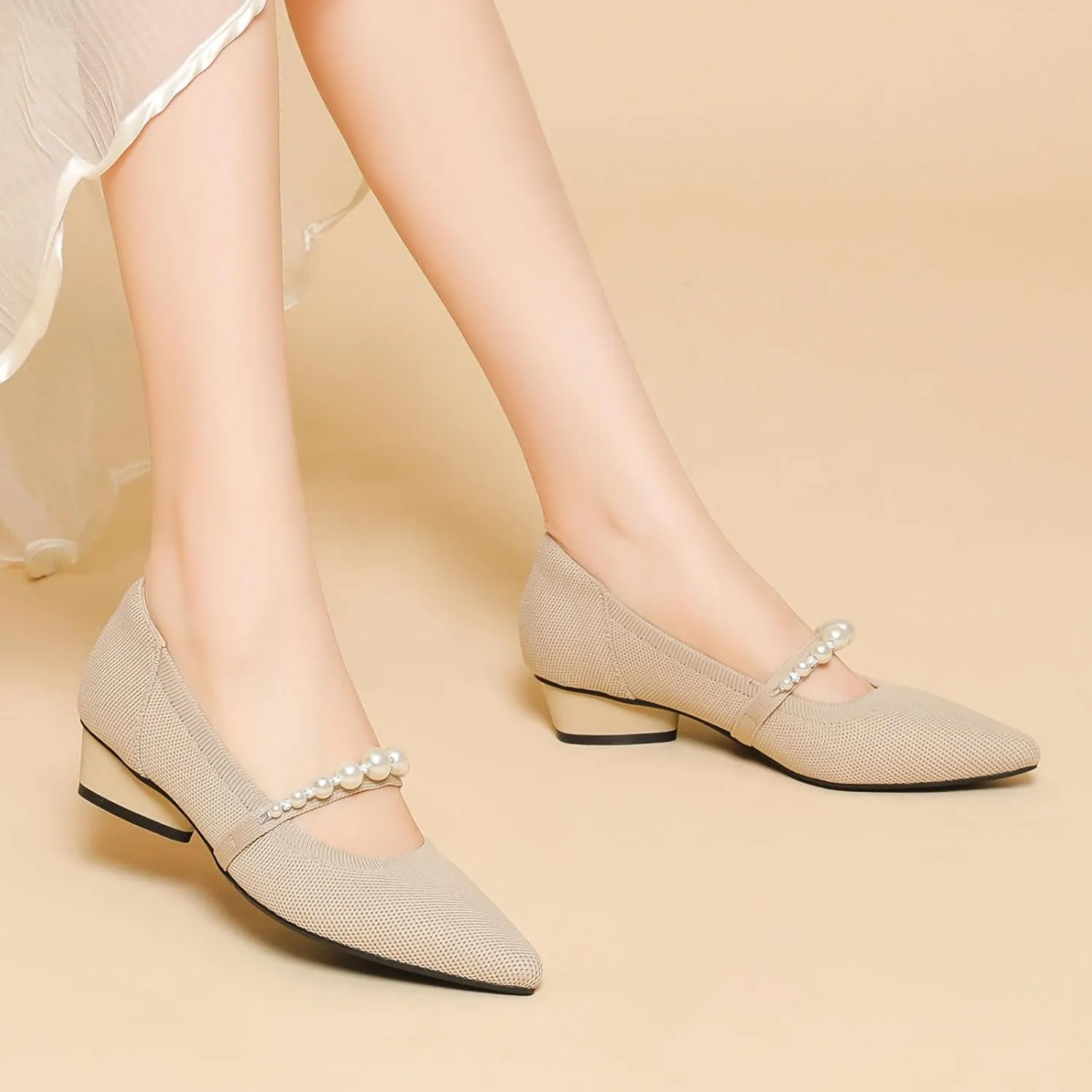 Women's Pumps Chunky Heels Pointed Toe Knit Comfortable Casual Work Office Dress Shoes