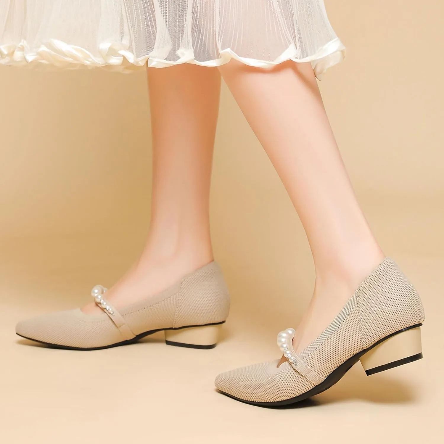 Women's Pumps Chunky Heels Pointed Toe Knit Comfortable Casual Work Office Dress Shoes