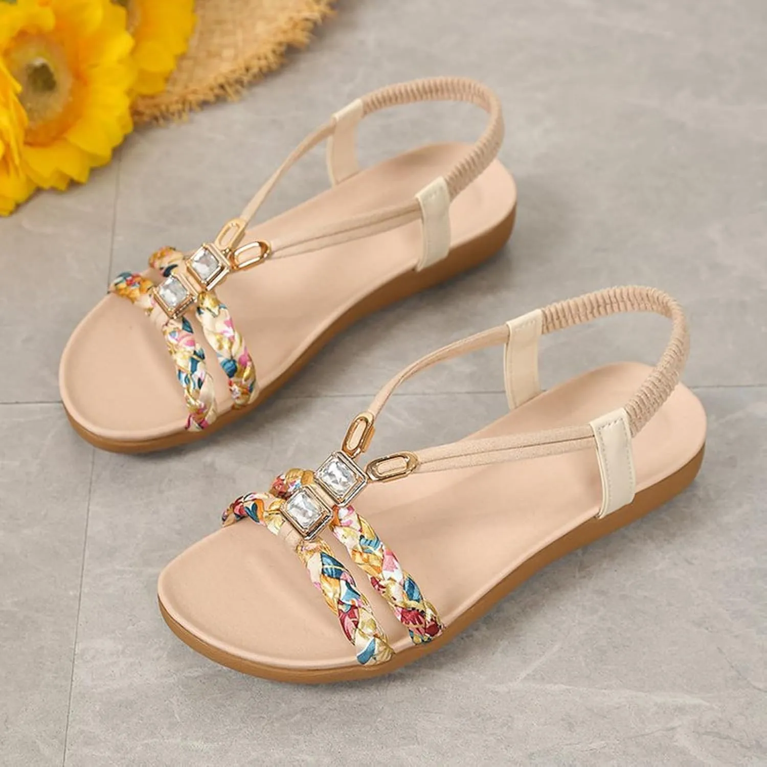 Womens Sandals Arch Support Open Toe Hollow Out Breathable Bohemian Slippers Summer Casual Sparkly Bling Comfortable Slip on Outdoor Ankle Strap Lightweight Elegant Sandals