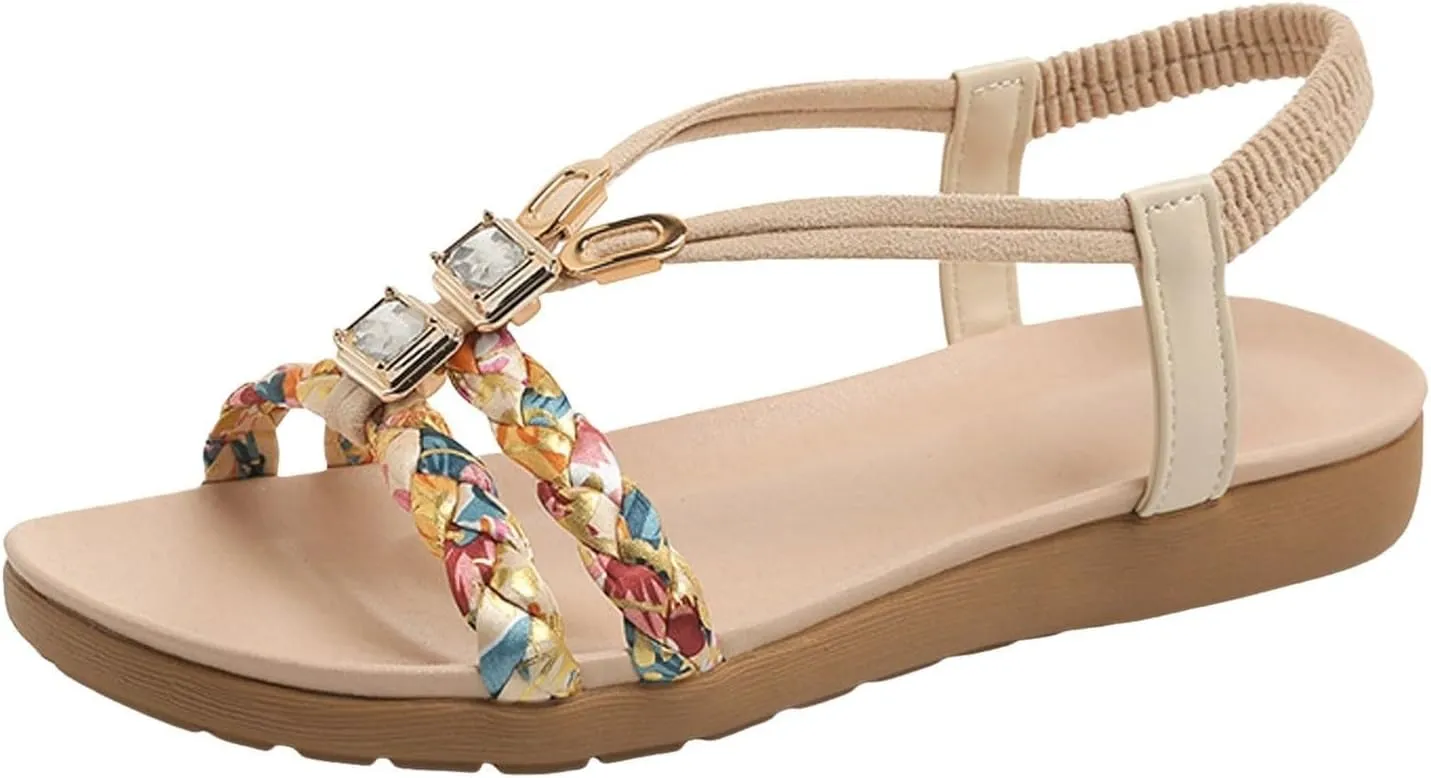Womens Sandals Arch Support Open Toe Hollow Out Breathable Bohemian Slippers Summer Casual Sparkly Bling Comfortable Slip on Outdoor Ankle Strap Lightweight Elegant Sandals