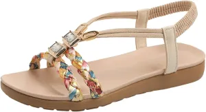 Womens Sandals Arch Support Open Toe Hollow Out Breathable Bohemian Slippers Summer Casual Sparkly Bling Comfortable Slip on Outdoor Ankle Strap Lightweight Elegant Sandals