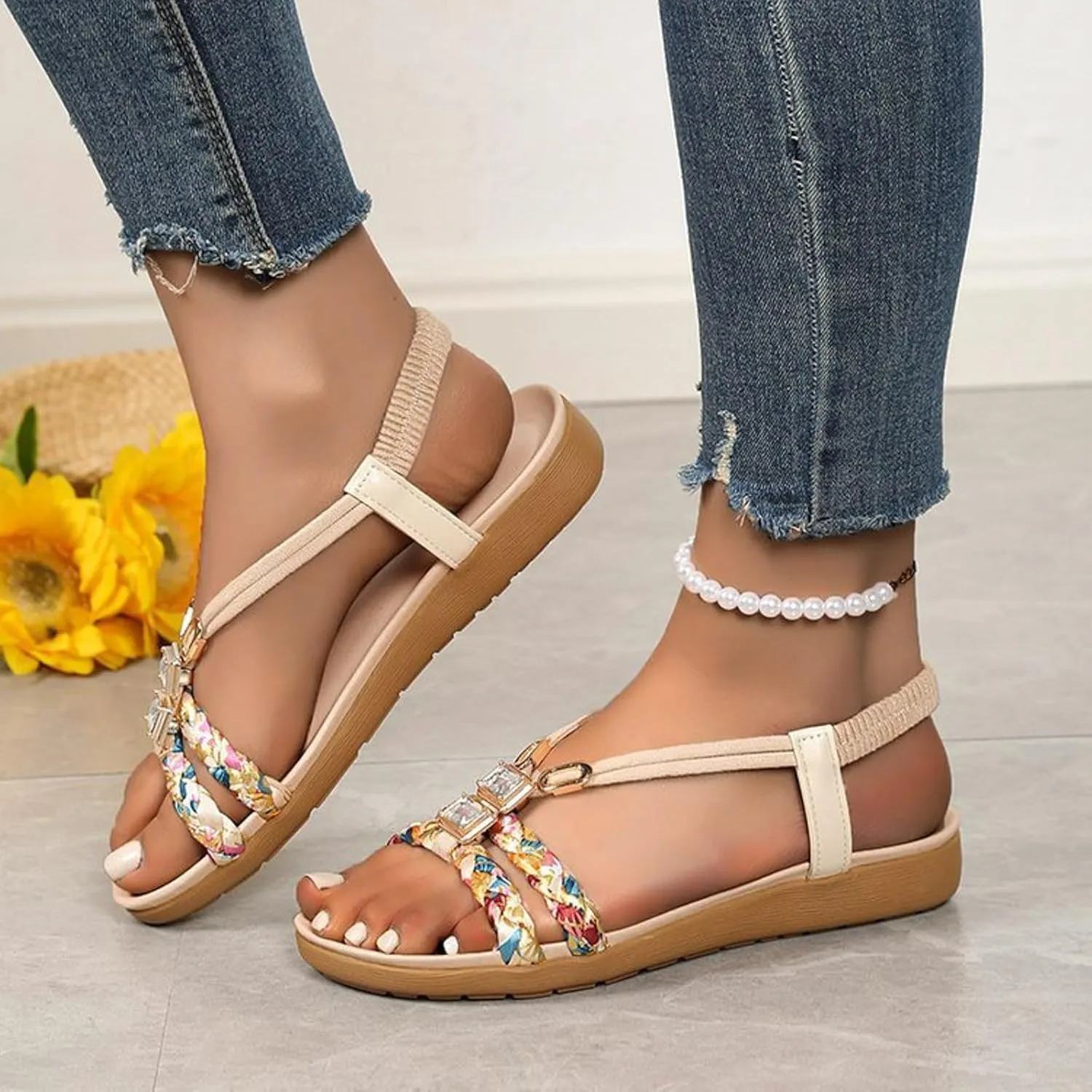 Womens Sandals Arch Support Open Toe Hollow Out Breathable Bohemian Slippers Summer Casual Sparkly Bling Comfortable Slip on Outdoor Ankle Strap Lightweight Elegant Sandals