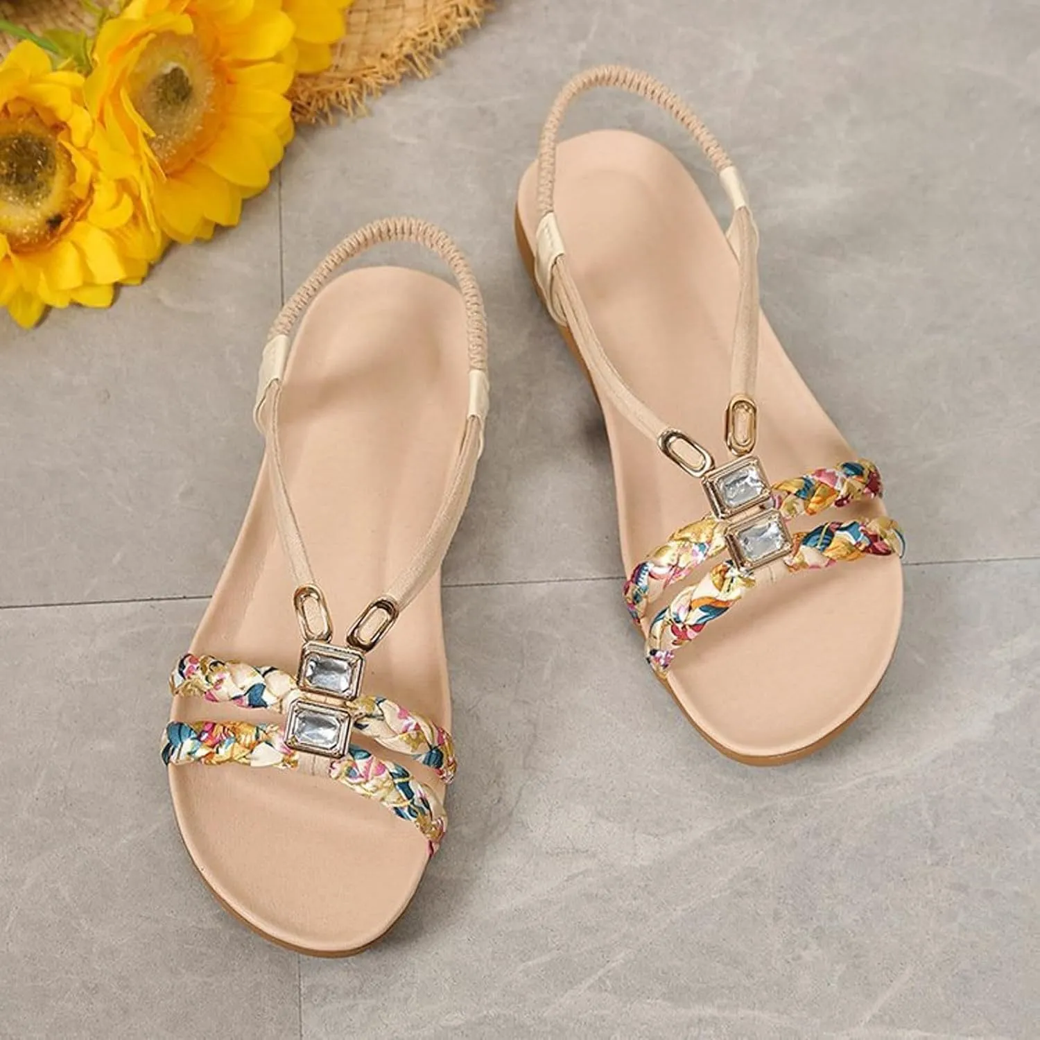 Womens Sandals Arch Support Open Toe Hollow Out Breathable Bohemian Slippers Summer Casual Sparkly Bling Comfortable Slip on Outdoor Ankle Strap Lightweight Elegant Sandals