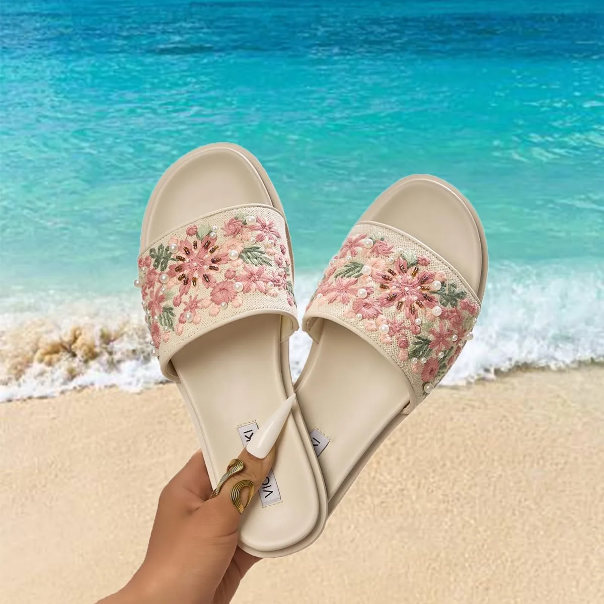 Women's Slide Sandals Comfortable Flat Sandals Slip On House Slippers Dressy Casual Outdoor Summer Beach Vacation Shoes