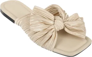 Womens Slip on Flat Sandals Square Open Toe Summer Pleated Bows Slides Dressy Sandals