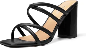 Womens Slip On Matte Open Toe Evening Dress Block High Heel Heeled Sandals 3.3 Inch