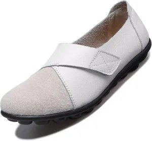 Women's Soft Leather Casual Slip On Flat Loafers Round Toe Adjustable Hook and Loop Comfort Walking Driving Shoes