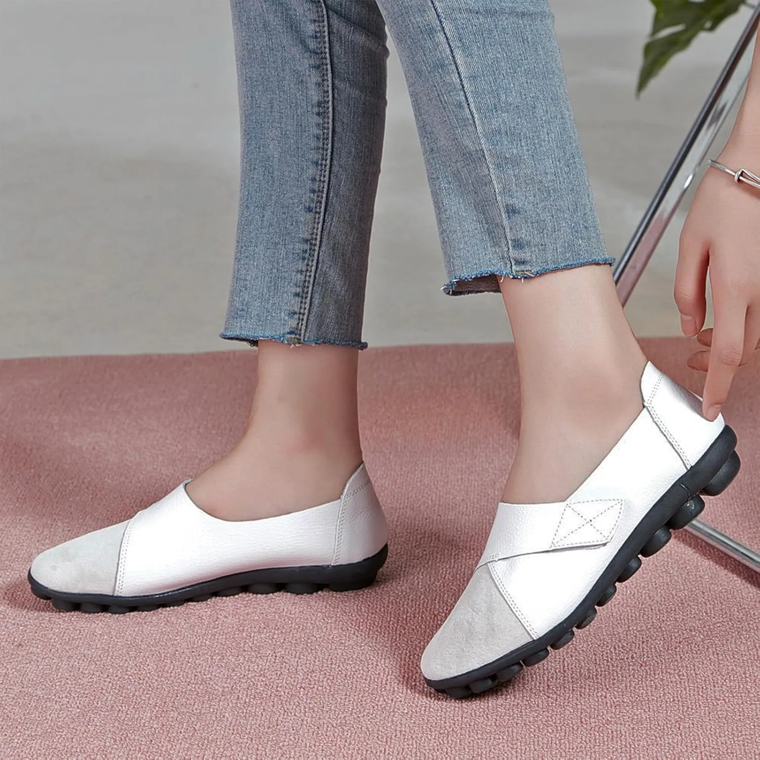 Women's Soft Leather Casual Slip On Flat Loafers Round Toe Adjustable Hook and Loop Comfort Walking Driving Shoes