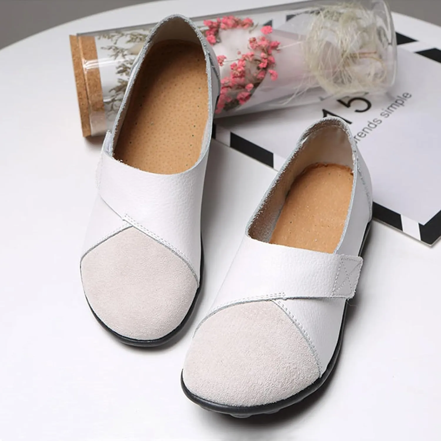 Women's Soft Leather Casual Slip On Flat Loafers Round Toe Adjustable Hook and Loop Comfort Walking Driving Shoes