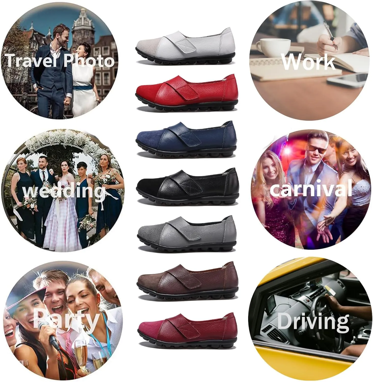 Women's Soft Leather Casual Slip On Flat Loafers Round Toe Adjustable Hook and Loop Comfort Walking Driving Shoes