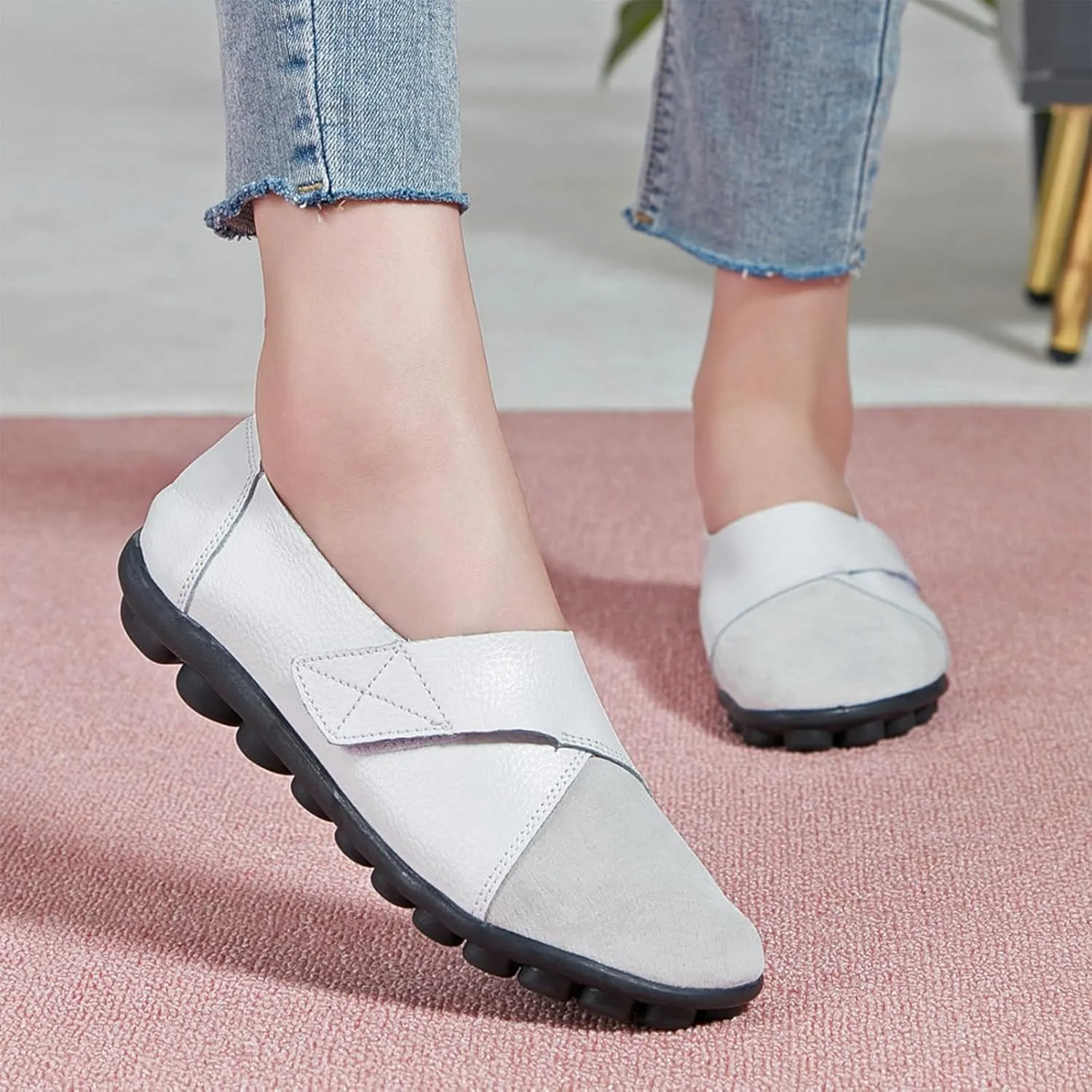 Women's Soft Leather Casual Slip On Flat Loafers Round Toe Adjustable Hook and Loop Comfort Walking Driving Shoes