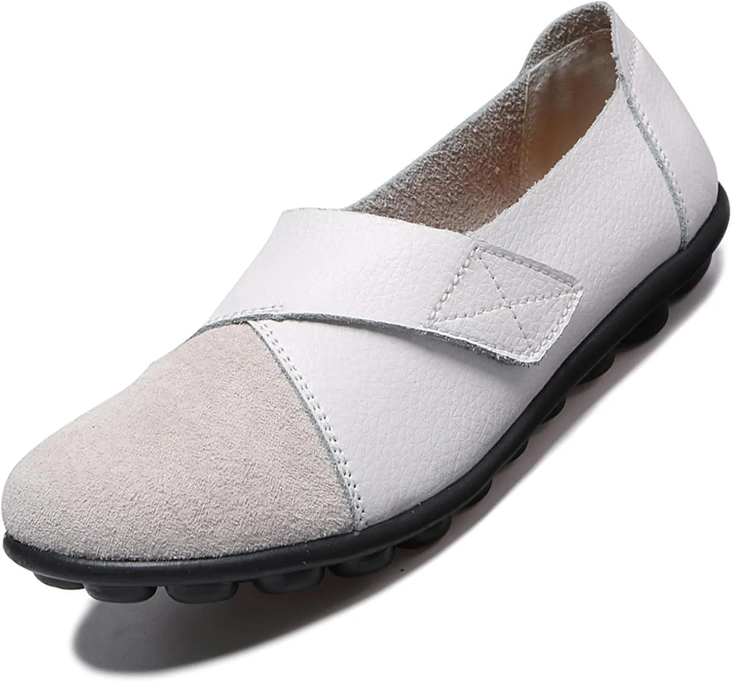 Women's Soft Leather Casual Slip On Flat Loafers Round Toe Adjustable Hook and Loop Comfort Walking Driving Shoes