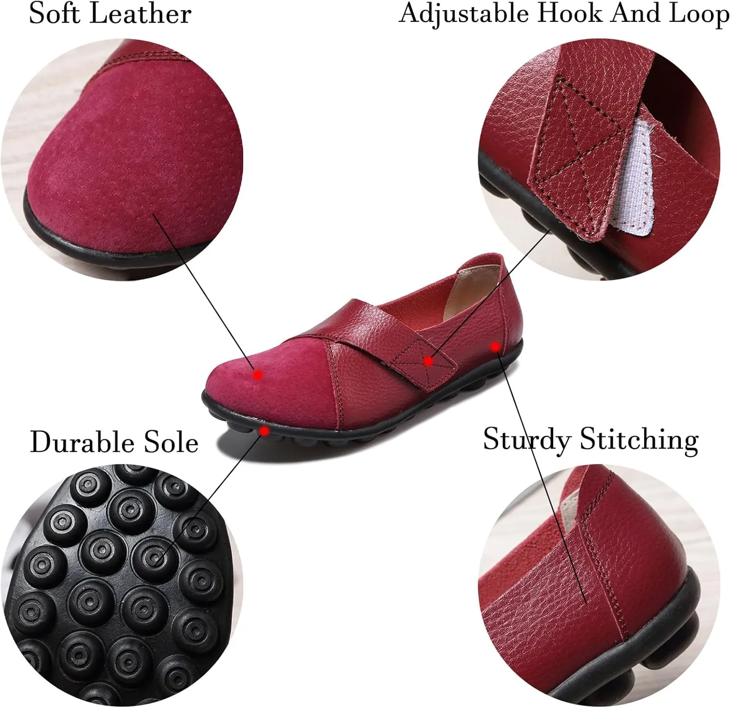 Women's Soft Leather Casual Slip On Flat Loafers Round Toe Adjustable Hook and Loop Comfort Walking Driving Shoes