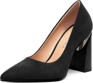 Women's Suede Chunky Block high Heels Comfortable Closed Pointed Toe Slip On Pumps Dinner Wedding Party Office Shoes 3.5 inch