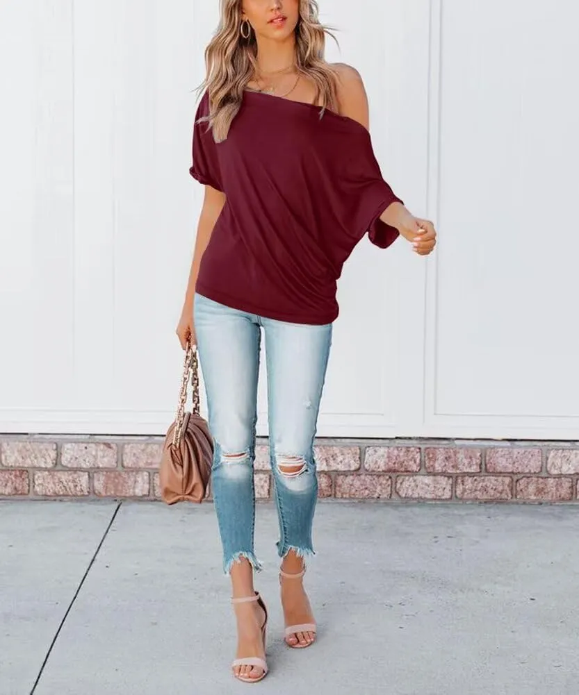 Womens Summer Off The Shoulder Shirts Casual Sexy Short Sleeve Tops Trendy Casual Loose Oversized Blouses Tshirt Tunic