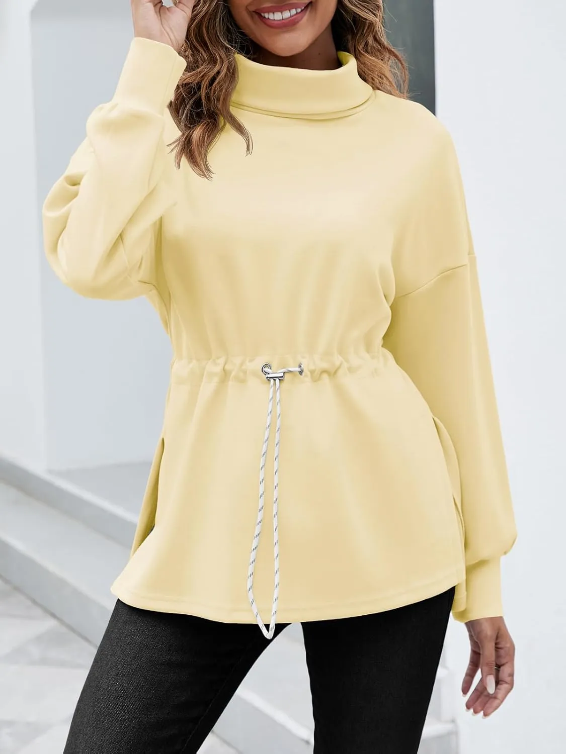 Women's Turtleneck Sweatshirts Long Sleeve Pullover Tops Side Slit Tunic Shirts with Drawstring Waist