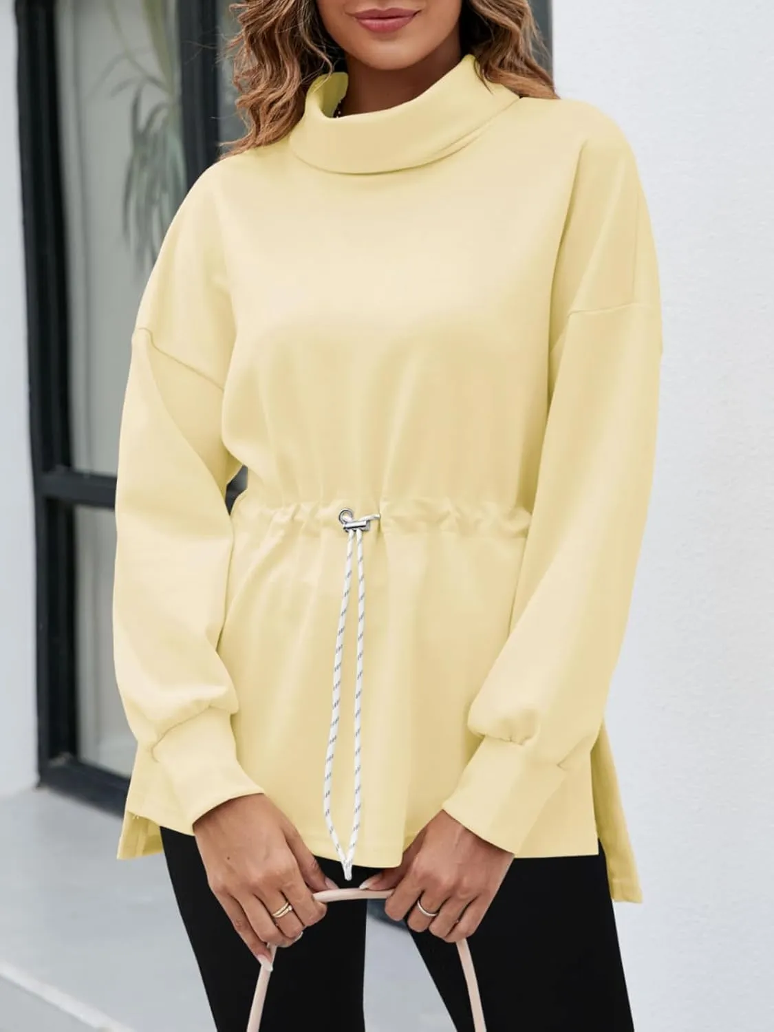 Women's Turtleneck Sweatshirts Long Sleeve Pullover Tops Side Slit Tunic Shirts with Drawstring Waist