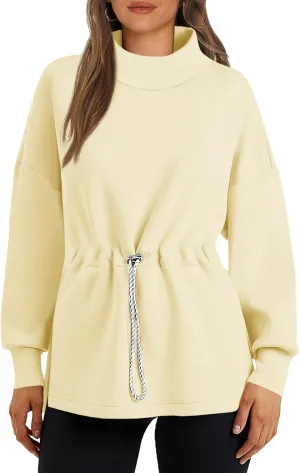 Women's Turtleneck Sweatshirts Long Sleeve Pullover Tops Side Slit Tunic Shirts with Drawstring Waist