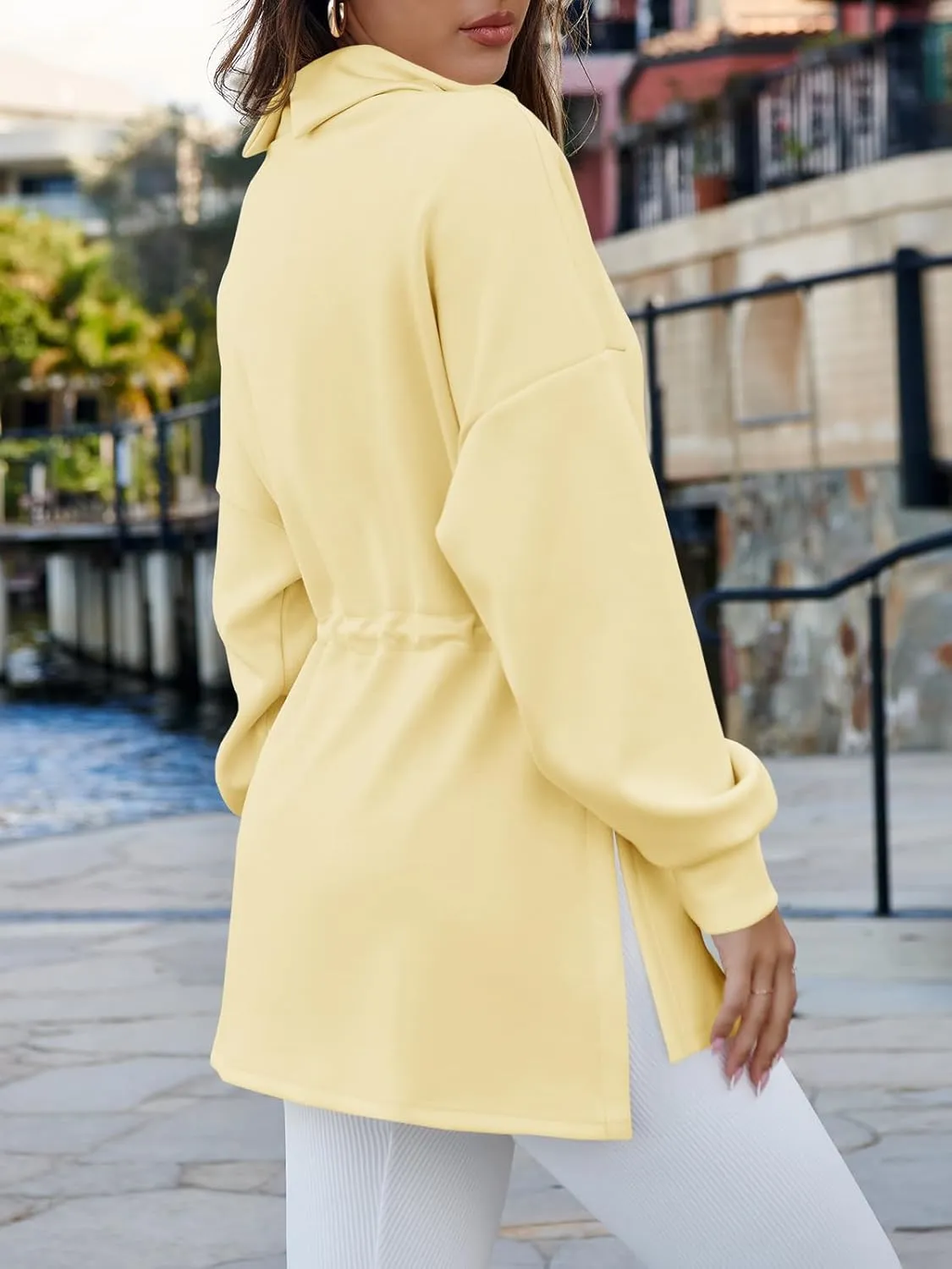 Women's Turtleneck Sweatshirts Long Sleeve Pullover Tops Side Slit Tunic Shirts with Drawstring Waist