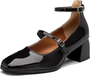 Women's Vintage Mary Jane Pumps - Patent Leather Chunky Heel Square Toe Dress Shoes for Work, Wedding & Retro Outfits