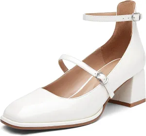 Women's Vintage Mary Jane Pumps - Patent Leather Chunky Heel Square Toe Dress Shoes for Work, Wedding & Retro Outfits