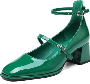 Women's Vintage Mary Jane Pumps - Patent Leather Chunky Heel Square Toe Dress Shoes for Work, Wedding & Retro Outfits