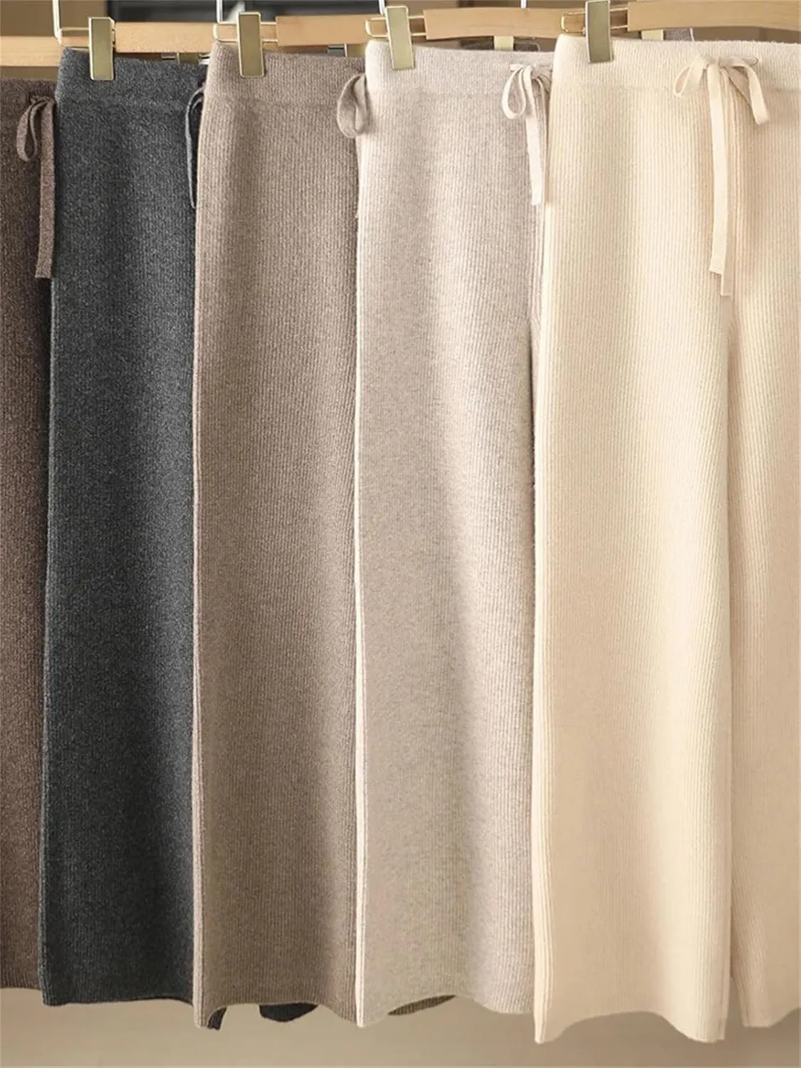 Women's Wool Wide Leg Knitted Trousers Casual Lace Up Drawstring Soft Warm Pants