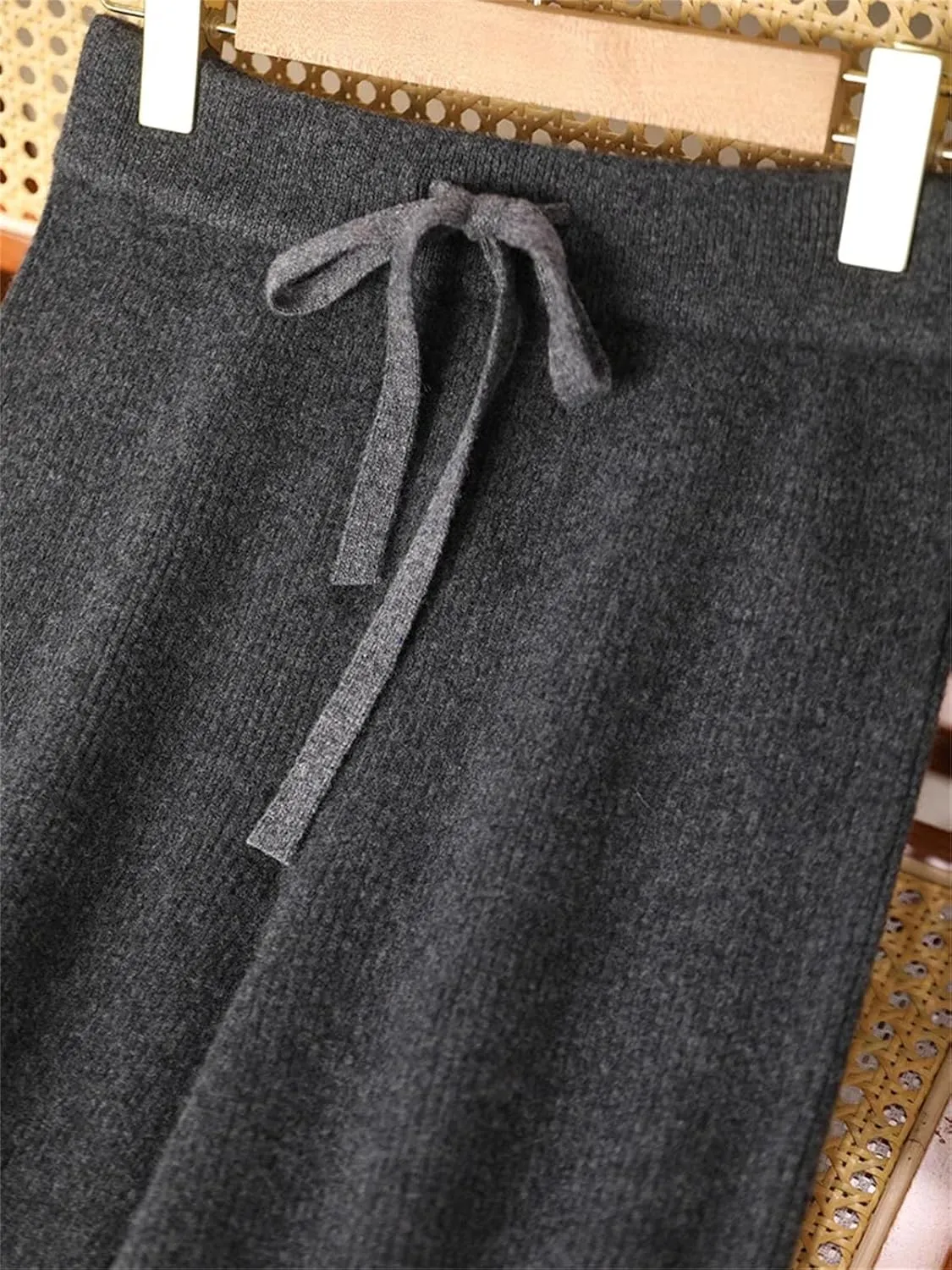 Women's Wool Wide Leg Knitted Trousers Casual Lace Up Drawstring Soft Warm Pants