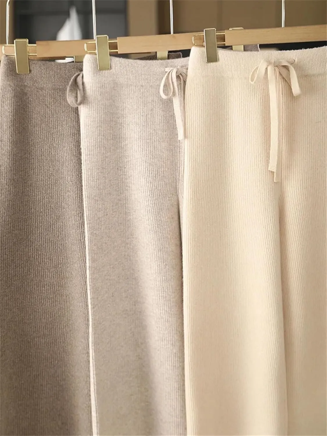 Women's Wool Wide Leg Knitted Trousers Casual Lace Up Drawstring Soft Warm Pants