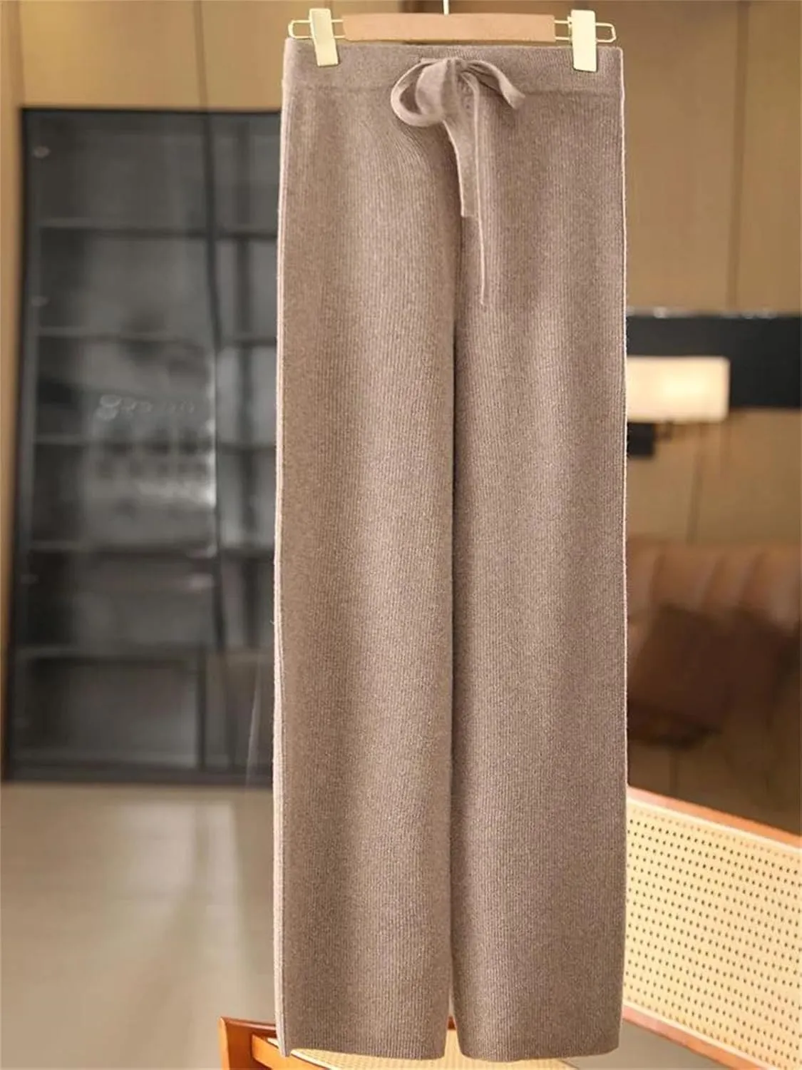 Women's Wool Wide Leg Knitted Trousers Casual Lace Up Drawstring Soft Warm Pants