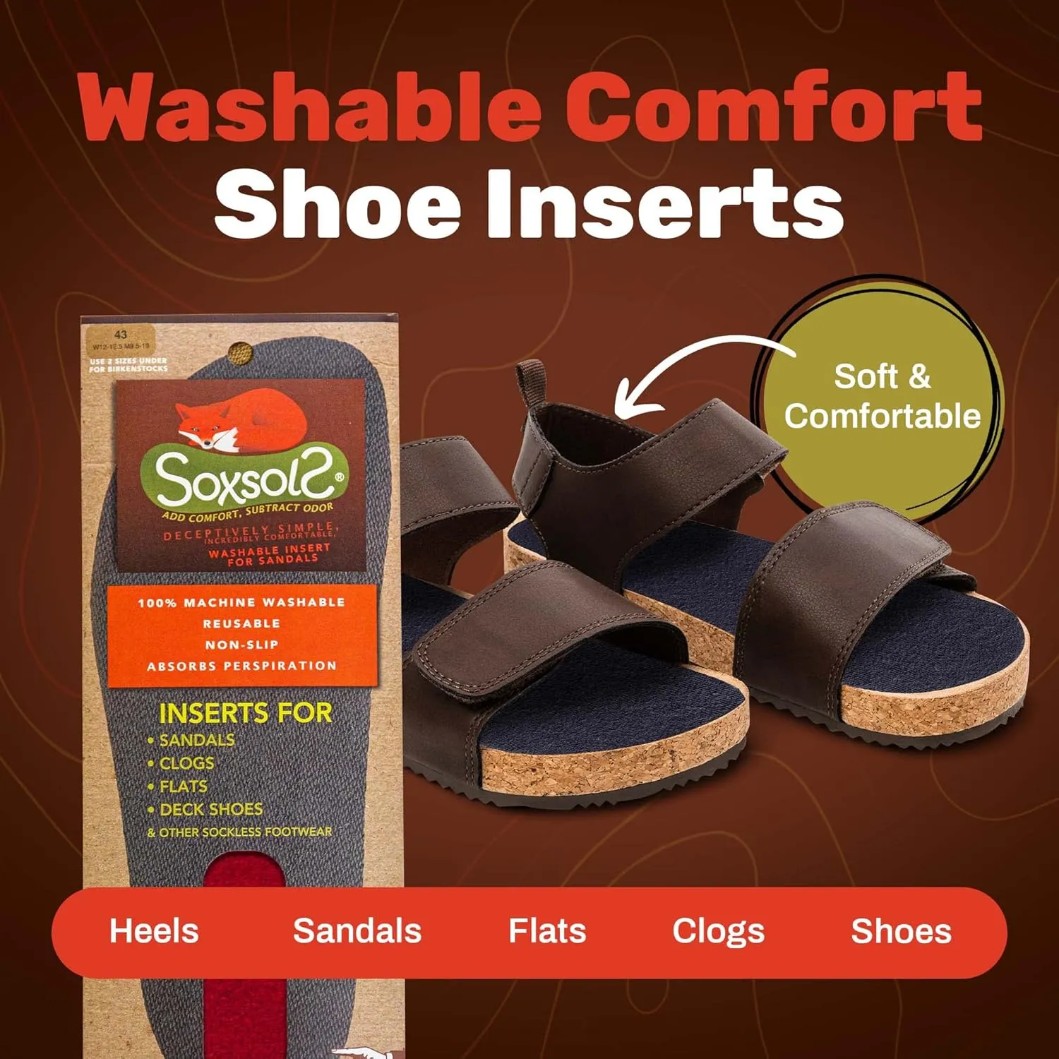 Wool Flat Shoe Insert for Sandals & Sockless Shoes, Comfortable Shoe Insoles with Sweat-Absorbent Natural Fiber & Non-Slip Silicone Grip, Narrow-Cut Shoe Inserts for Women, Red, Size 39 - SoxsolS