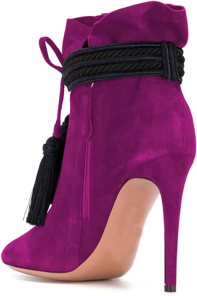 XYD Women Boots Comfy Lace Up Tassels Zipper High Stiletto Heels Almond Toe Pull On Fancy Party Shoes