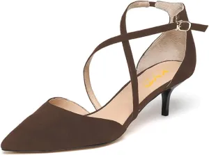 XYD Women D'Orsay Comfy Kitten Mid Heels Closed Pointed Toe Classic Trendy Crossover Strap Buckle Up Party Pumps Shoes