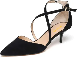XYD Women D'Orsay Comfy Kitten Mid Heels Closed Pointed Toe Classic Trendy Crossover Strap Buckle Up Party Pumps Shoes
