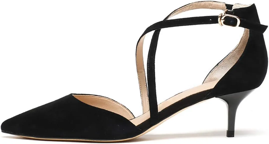 XYD Women D'Orsay Comfy Kitten Mid Heels Closed Pointed Toe Classic Trendy Crossover Strap Buckle Up Party Pumps Shoes