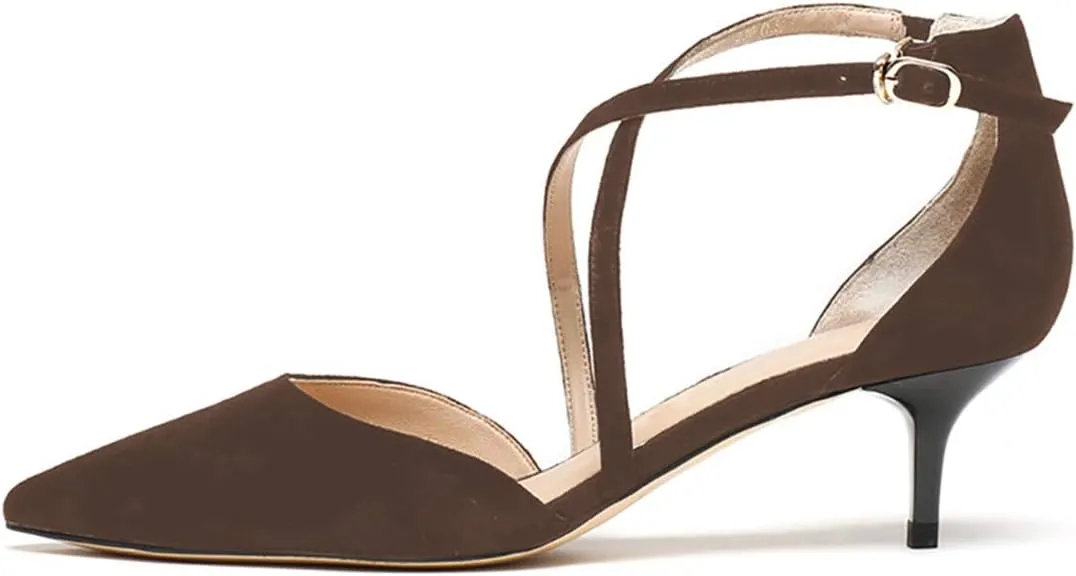 XYD Women D'Orsay Comfy Kitten Mid Heels Closed Pointed Toe Classic Trendy Crossover Strap Buckle Up Party Pumps Shoes